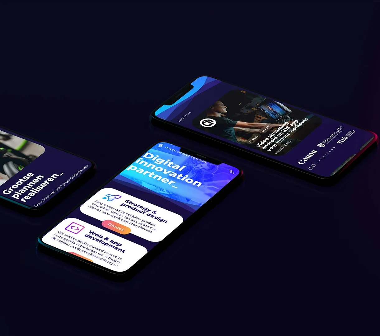 Three smartphones showing app designs on a dark background