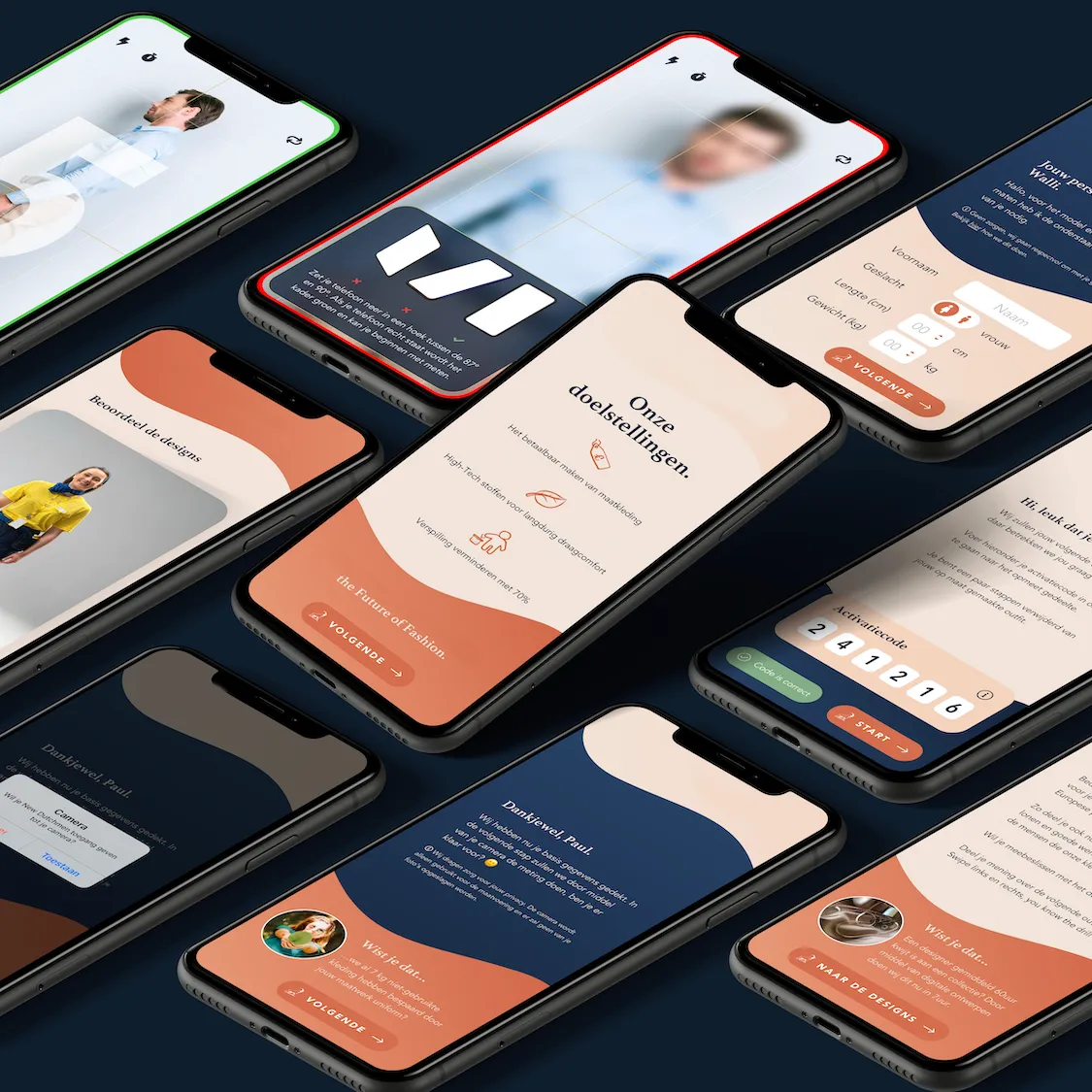 A series of smartphones showing screens of a clothing app