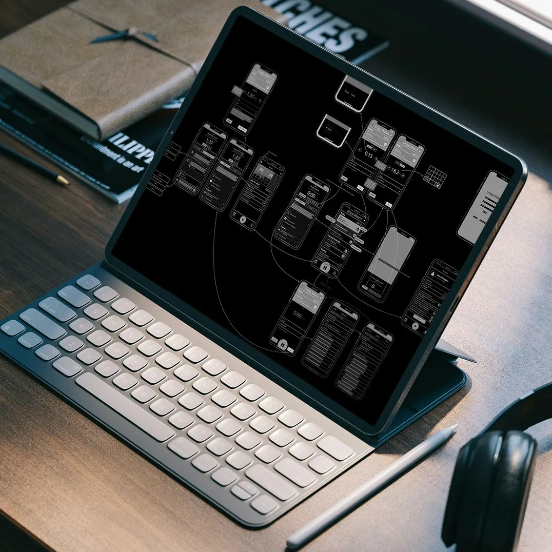 A tablet showing wireframes of a mobile app on a desk