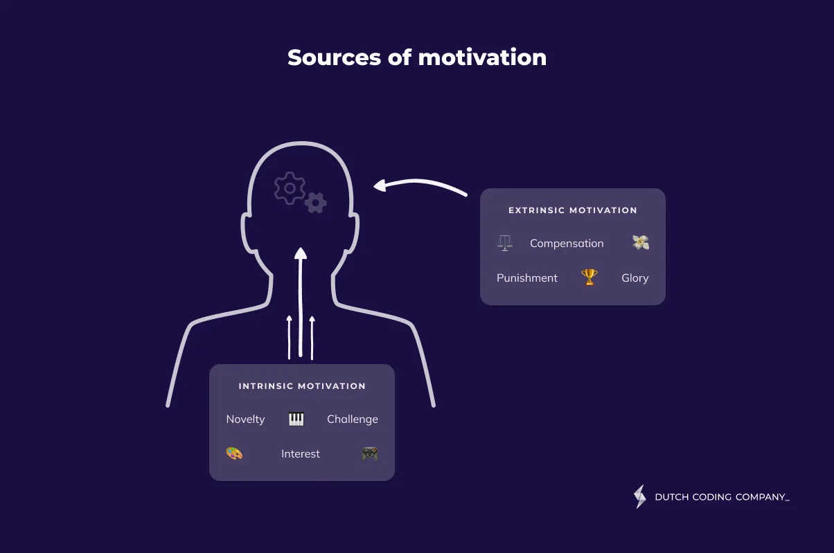 A figure showing the intrinsic motivators 'Novelty', 'Challenge', and 'Interest', and extrinsic motivators 'Compensation', 'punishment' and 'glory'.