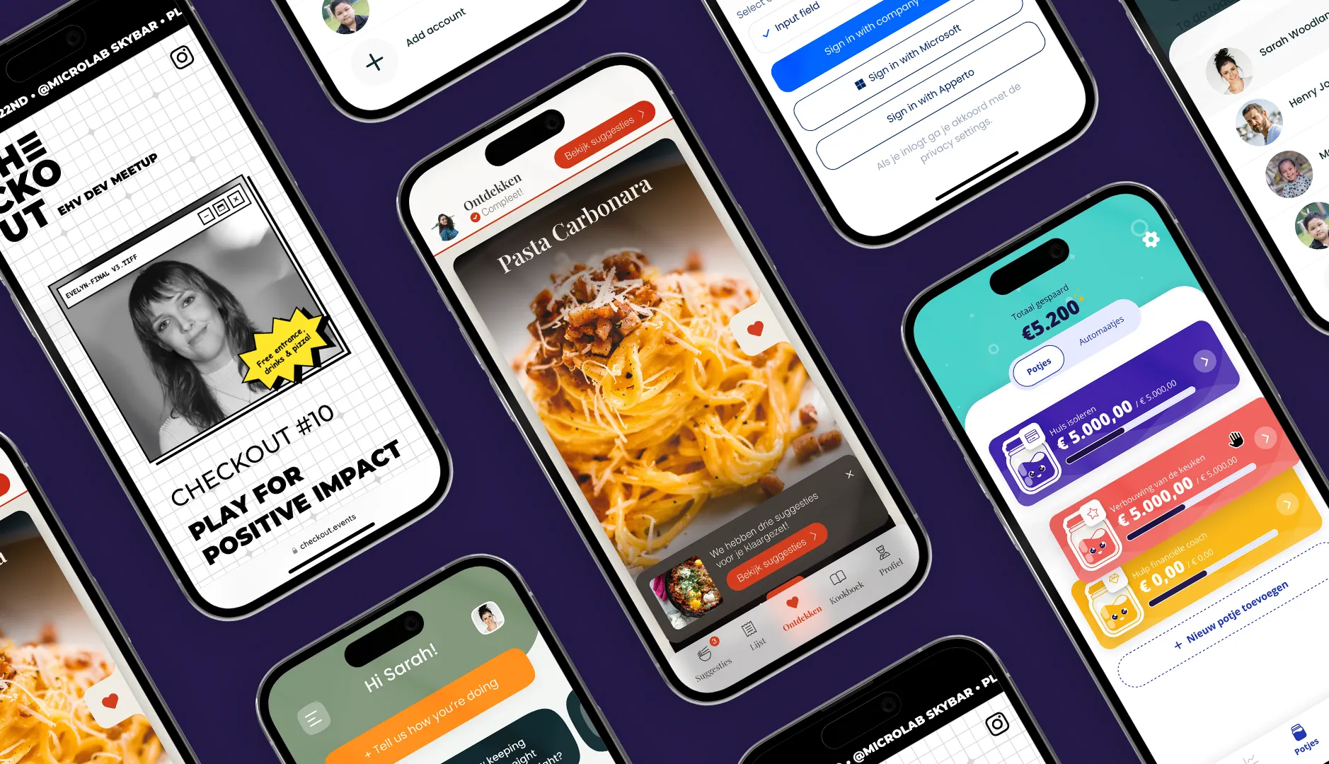 Smartphones met schermen van verschillende apps op een paarse achtergrond