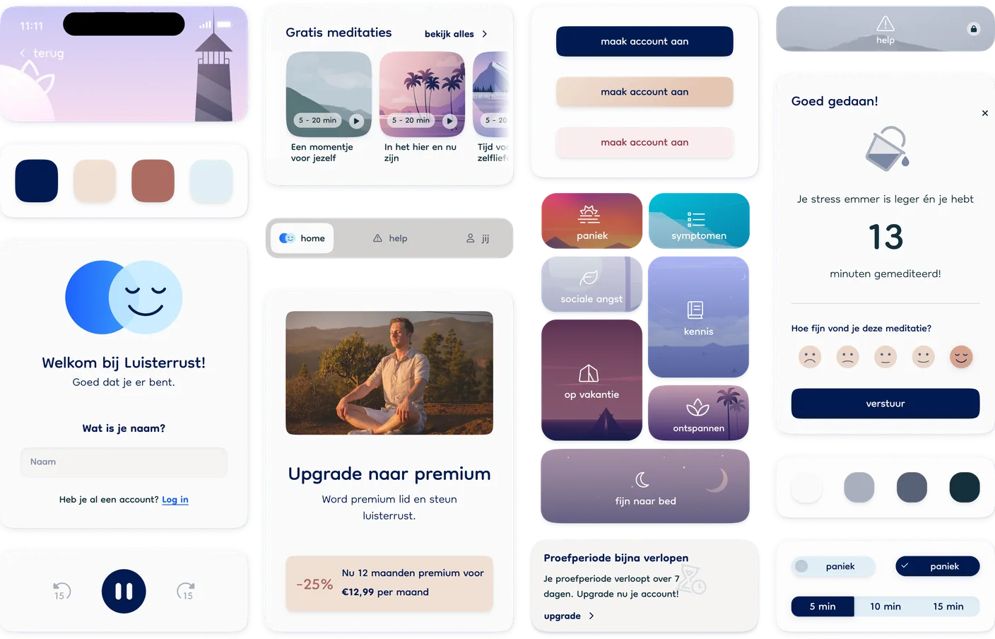 Een overzicht van schermen en UI-elementen uit de Luisterrust-app