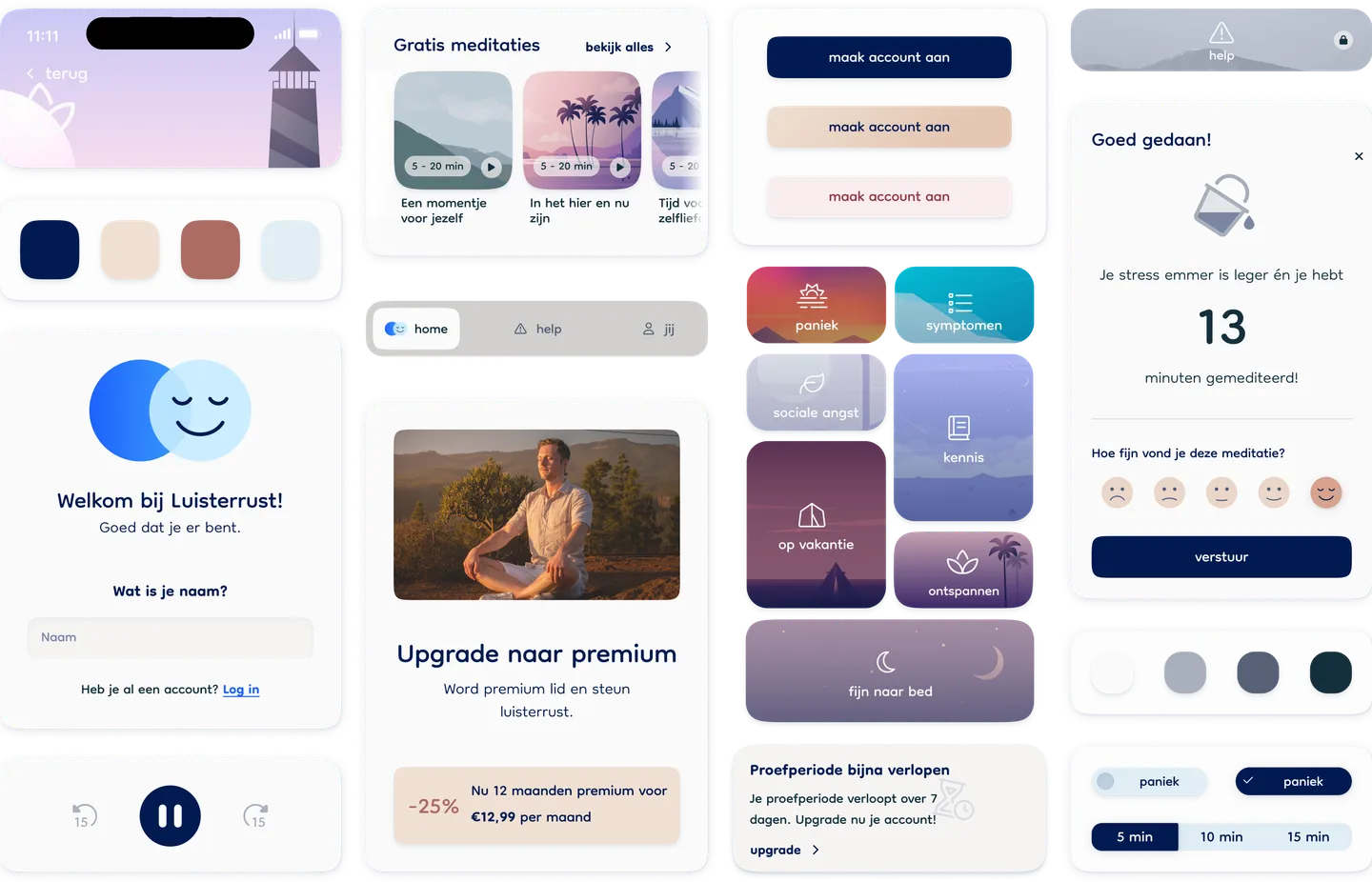 Een overzicht van schermen en UI-elementen uit de Luisterrust-app