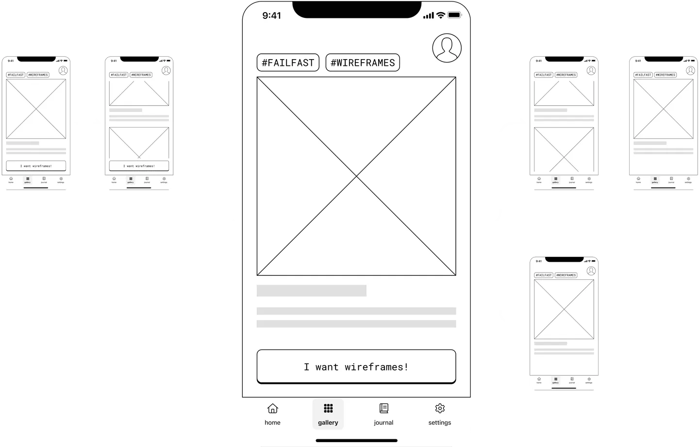 Wireframes van de schermen van een mobiele app